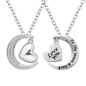 Sterling Silver 1/8 Ct.tw Diamond Heart  & Moon Pendant