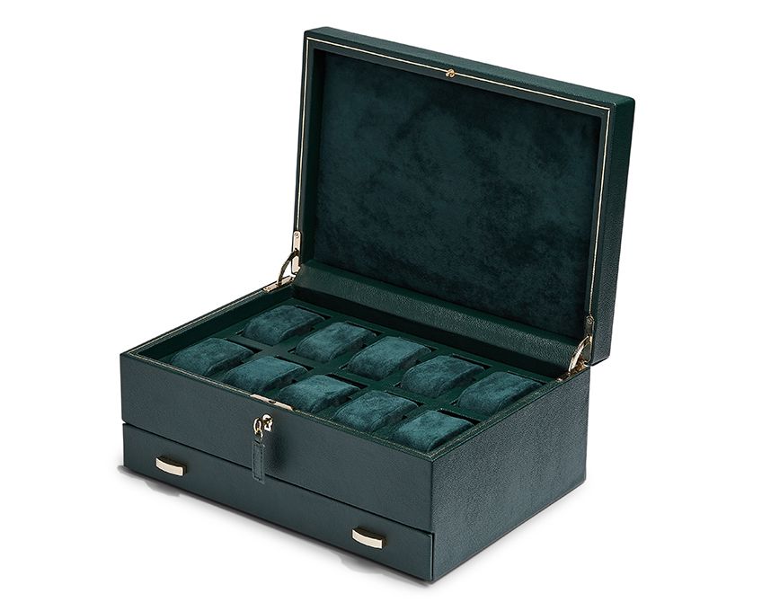 BRITISH RACING GREEN 10 PIECE WATCH BOX WITH STORAGE