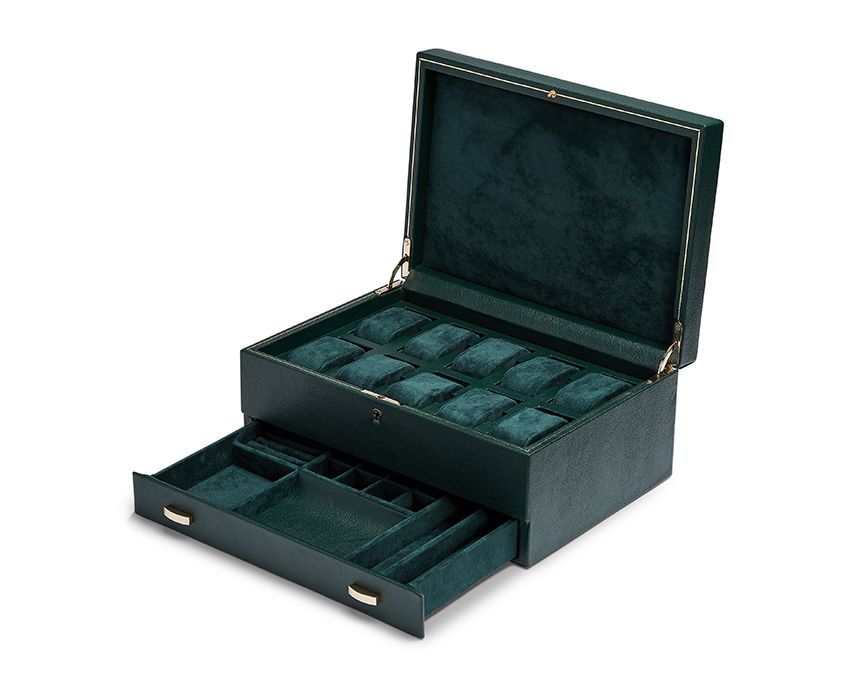 BRITISH RACING GREEN 10 PIECE WATCH BOX WITH STORAGE