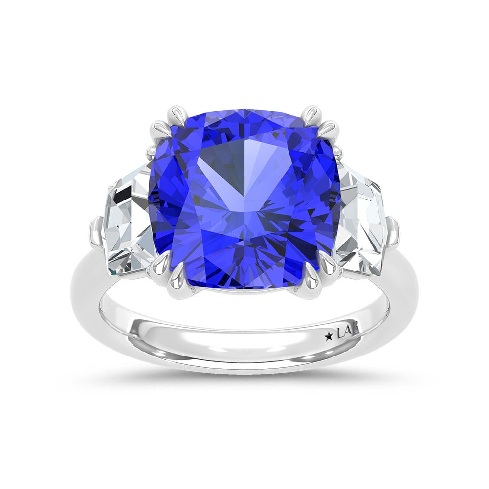 14K White Gold Lab Grown Diamond 9 1/4 Ct.Tw. Cushion Shape Recrystalized Blue Sapphire Engagement Ring (Center 7 3/4 ct)