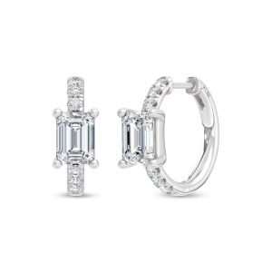 14K White Gold Lab Grown Diamond  1 3/4 Ct.Tw. Emerald and Round Hoop Earrings
