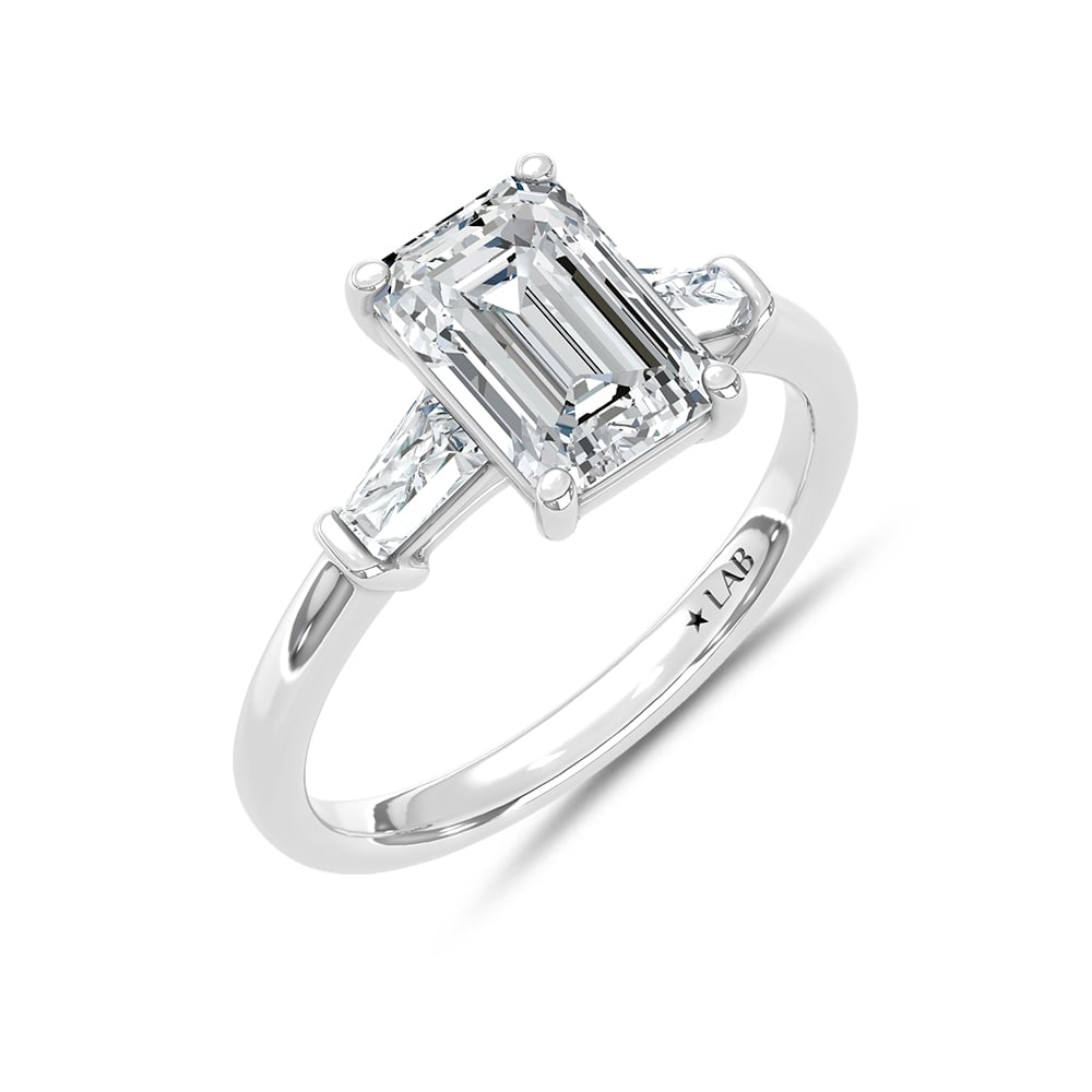 14K White Gold Lab Grown Diamond 2 1/3 Ct.Tw. Emerald and Tapper Three Stone Engagement Ring