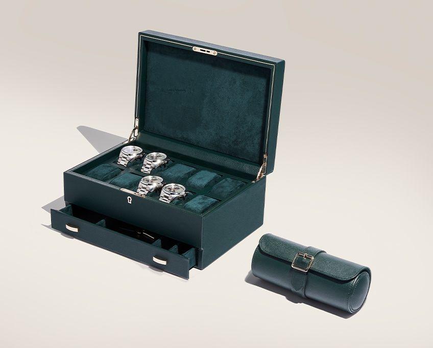 BRITISH RACING GREEN 10 PIECE WATCH BOX WITH STORAGE